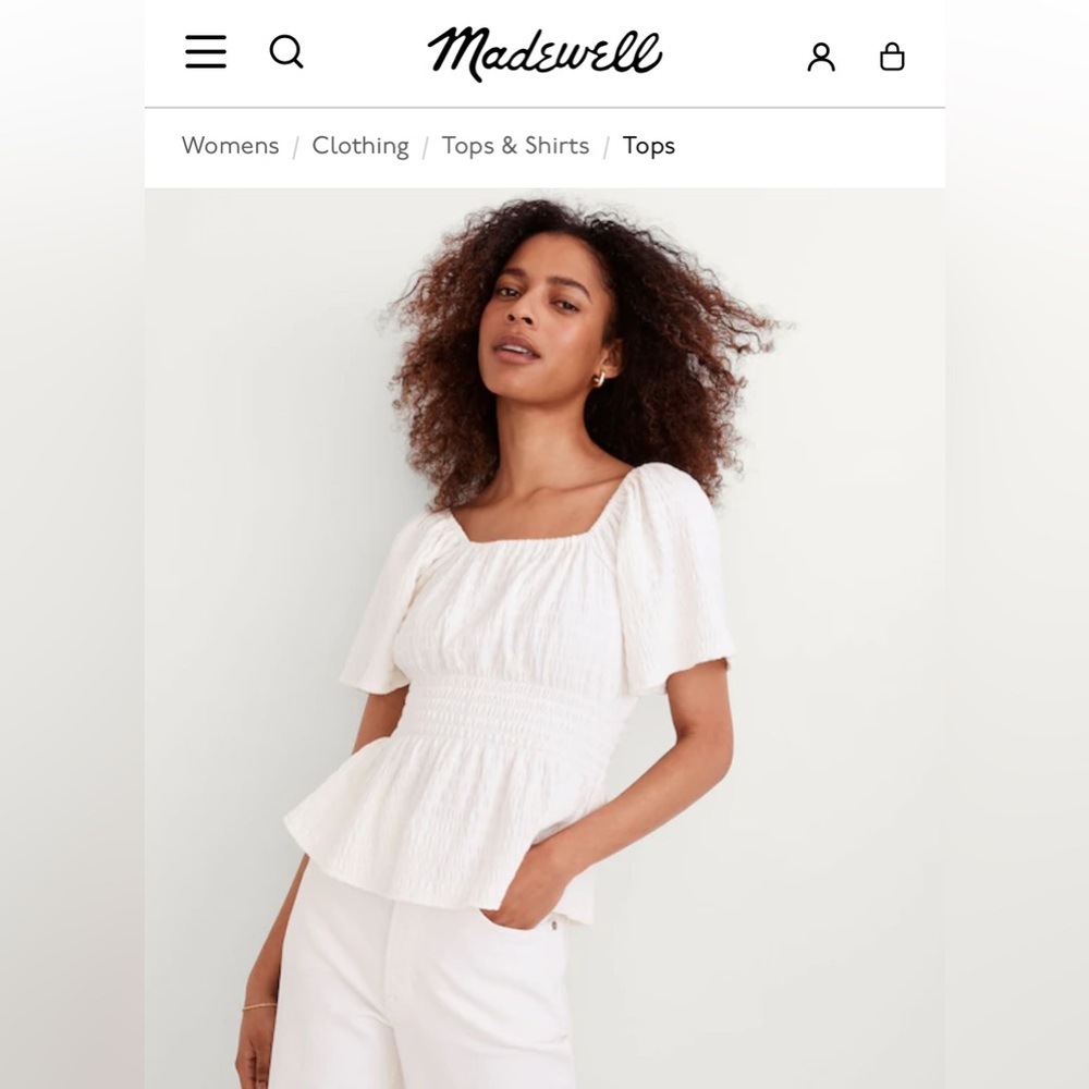 Madewell White Smocked Peplum Blouse (Crinkle-Knit Square-Neck Smocked Top) XS